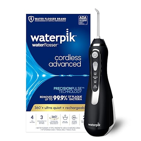 Waterpik Cordless Advanced 2.0 Water Flosser For Teeth, Gums, Braces, Dental Care With Travel Bag and 4 Tips, ADA Accepted, Rechargeable, Portable, and Waterproof, Black WP-582, Packaging May Vary