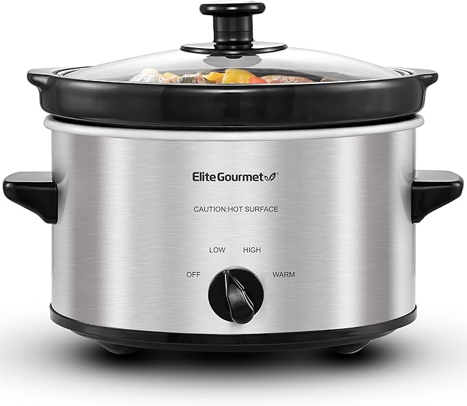 Elite Gourmet MST-275XS Electric Oval Slow Cooker, Adjustable Temp, Glass Lid & Crock (2 Quart, Stainless Steel)