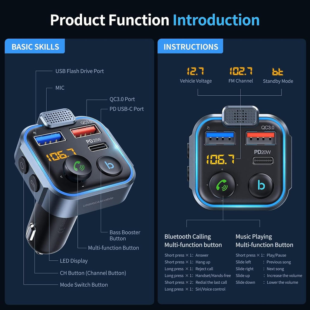 UNBREAKcable Bluetooth 5.3 FM Transmitter for Car Radio Adapter Charger