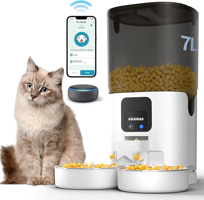 Automatic Cat Feeder for 2 Cats, 7L Dual Tray, WiFi & Alexa Control, 30 Meals Per Day with Timer, Detachable, USB & Battery Powered