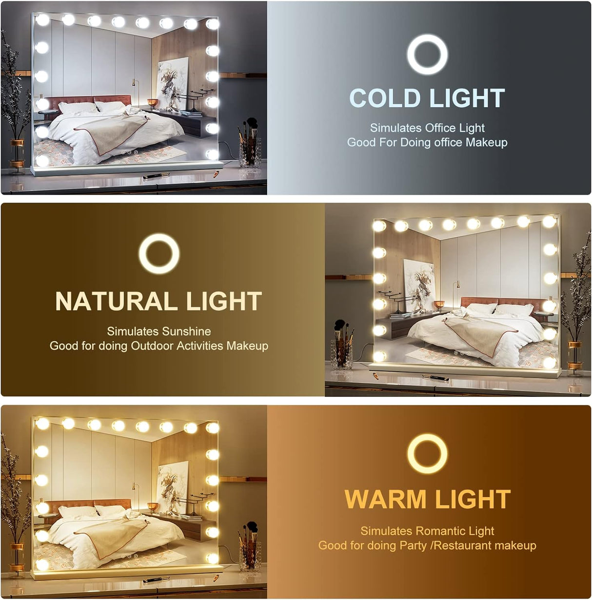 Vanity Mirror with Lights: 28" x 22" Hollywood Mirror with 18 Dimmable Bulbs, Makeup Vanity Mirror for Bedroom - 3 Color Modes and Touch Control