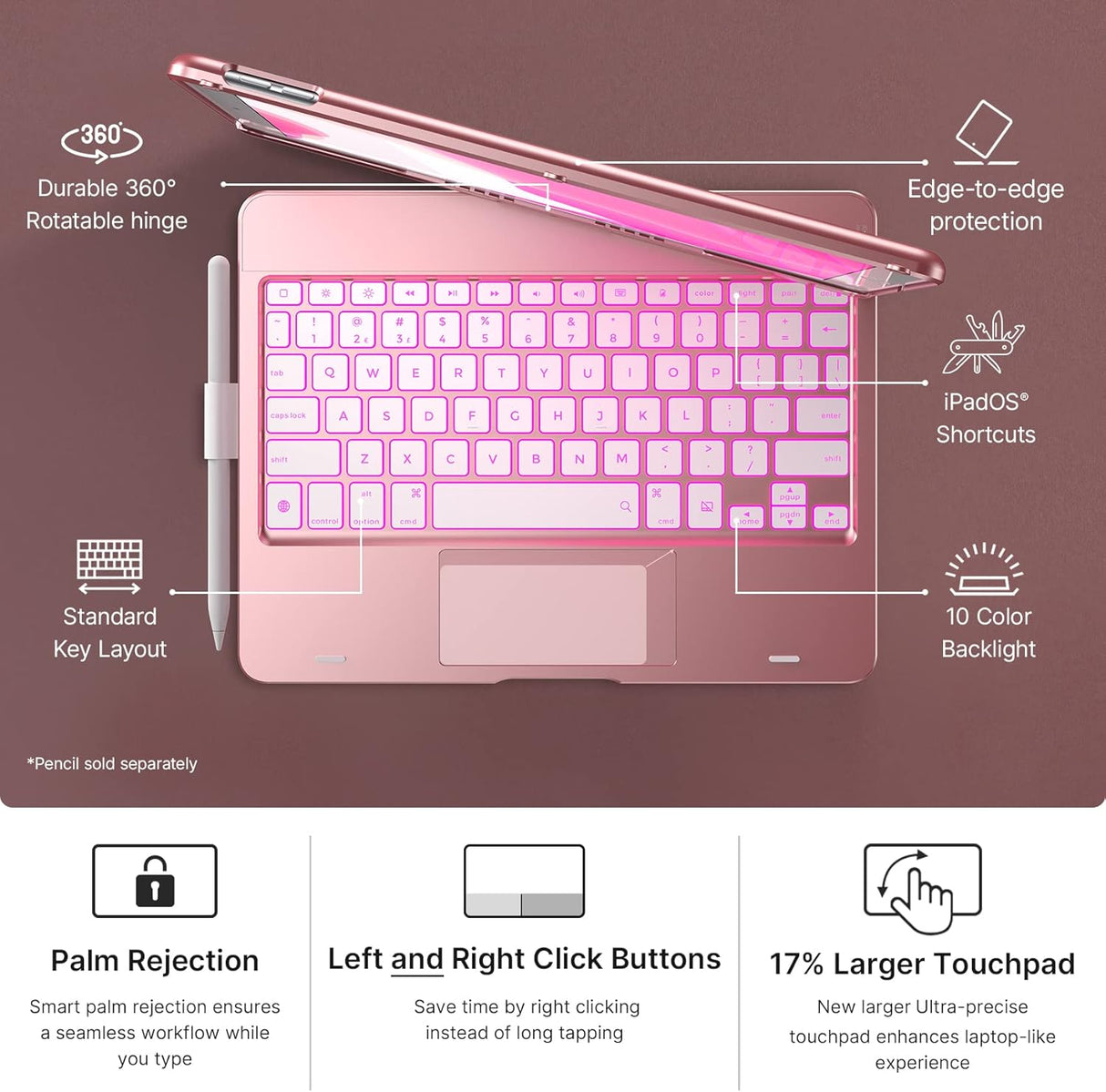 typecase Touch Case with Keyboard for iPad 9th Generation (10.2", 2021), Multi-Touch Trackpad, 10 Color Backlight, 360, Thin & Light - iPad 8th Gen (2020), 7th Gen (2019), Air 3, Pro 10.5 (Rose Gold)(OPEN BOX)