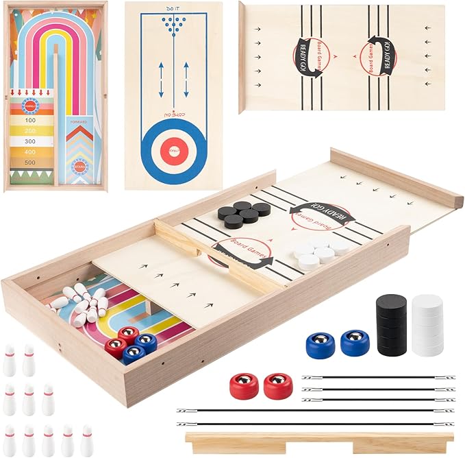 5-in-1 Wooden Board Game Set for Kids and Adults, Fast Sling Puck, Bowling, Curling, and Different Catapult Games for Family Fun, Parent-Child Interactive Toy Portable Travel Board Table Game