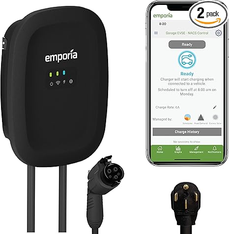 EMPORIA Level 2 EV Charger - NEMA 14-50 EVSE w/ J1772 Charger - 48 amp EV Charger Level 2, 240v WiFi Enabled Electric Vehicle Charging Station, 24ft Electric Car Charger Cable, Black