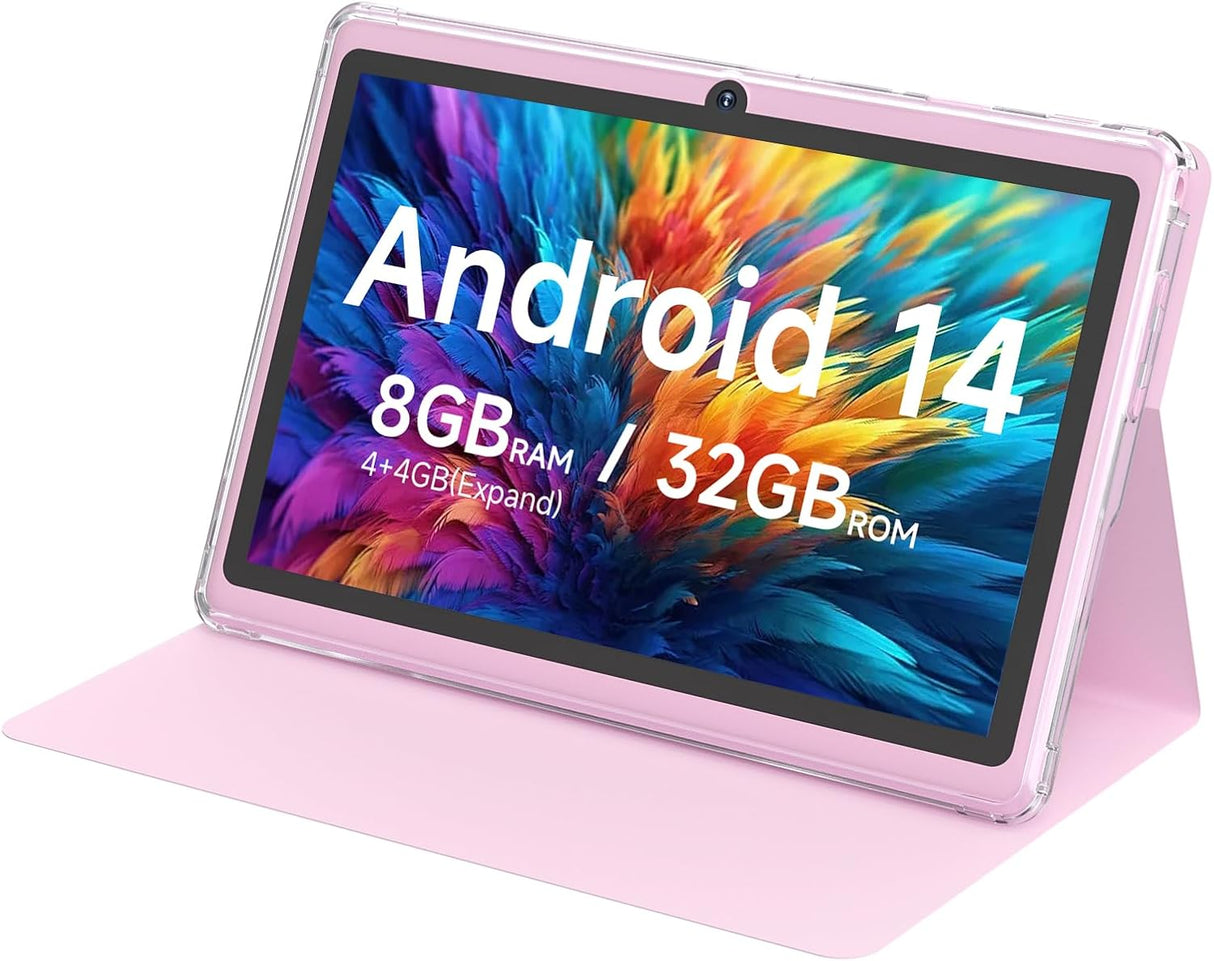 Tablet 7Inch Android 14.0 with Protective Case, 8GB(4+4GB Expand) RAM+ 32GB ROM, IPS Screen, Dual Camera, Bluetooth 5.0 WiFi Tab (Pink)