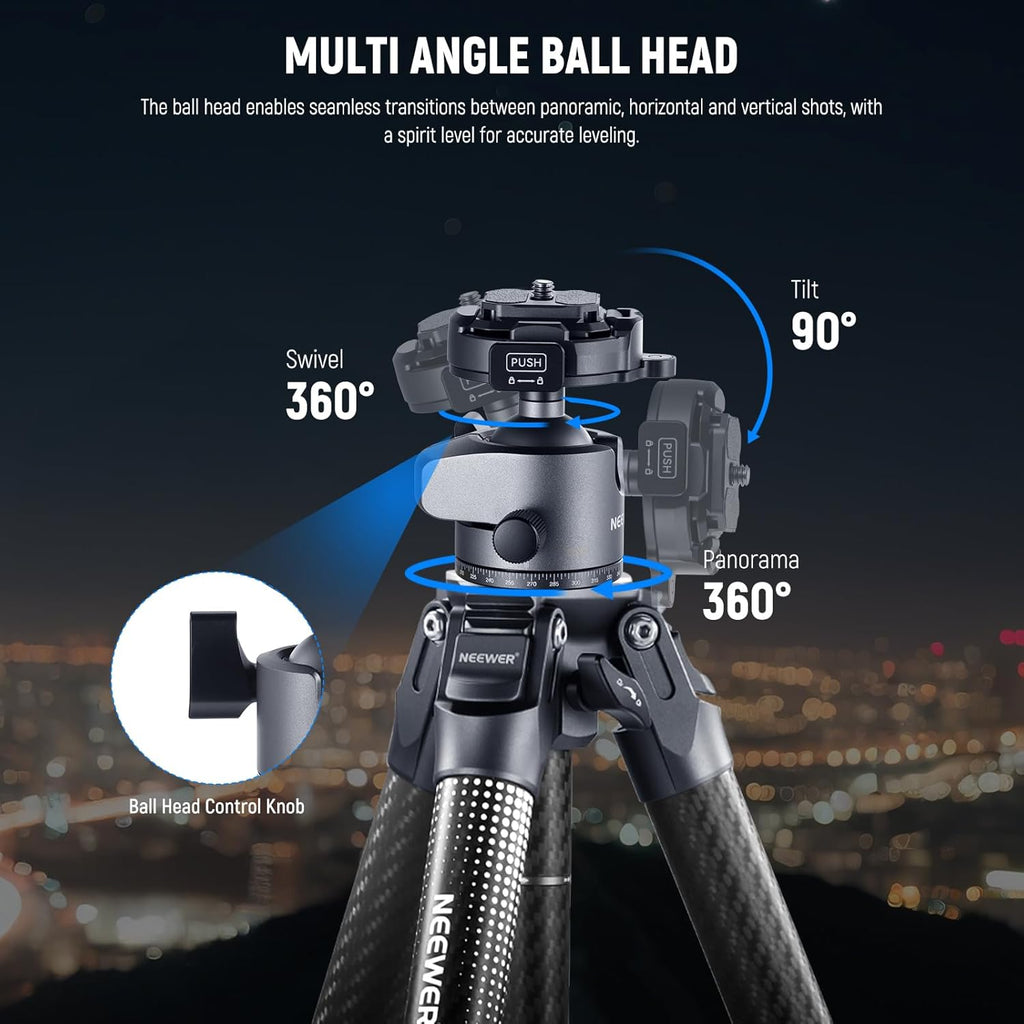 NEEWER LITETRIP LT34 62" Travel Tripod Carbon Fiber with Removable 360° Panorama Head, Center Axis, Fast Flip Buckle, Arca QR Plate Compatible with PD, Max Load 22lb/10kg
