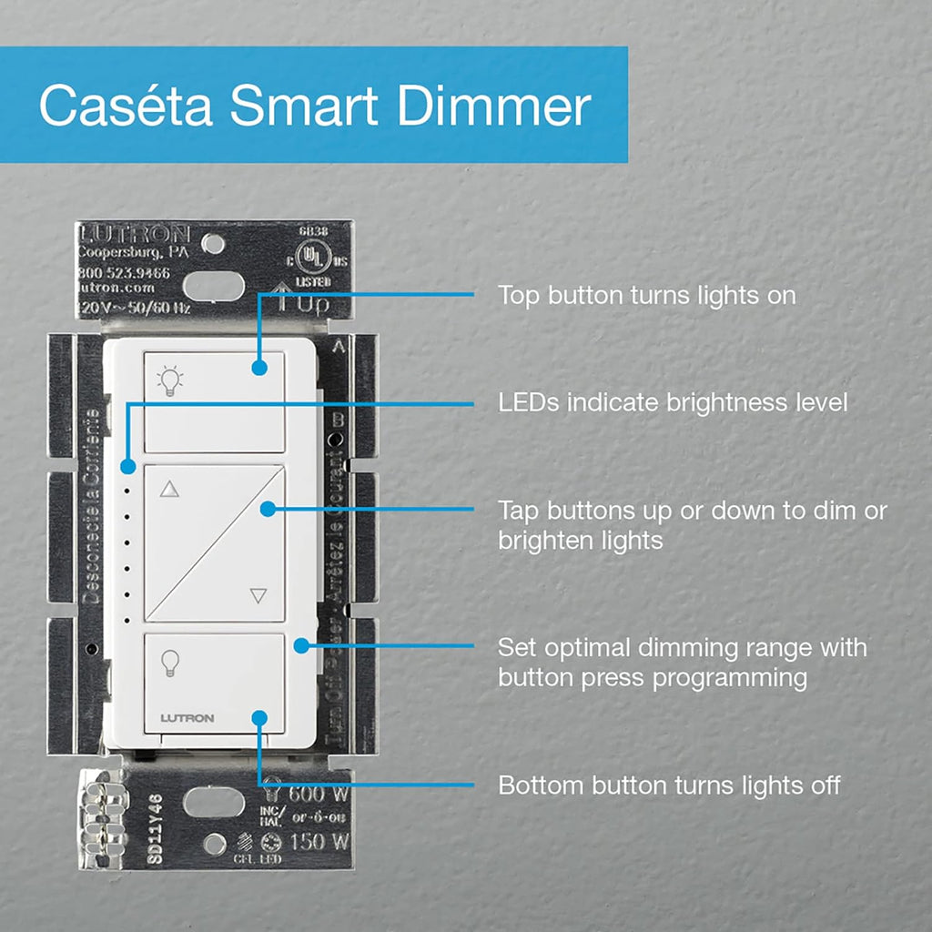 Lutron Caseta Smart Dimmer Switch (Smart Hub Required), No Neutral Required - (PD-6WCL-WH) - 4-Pack