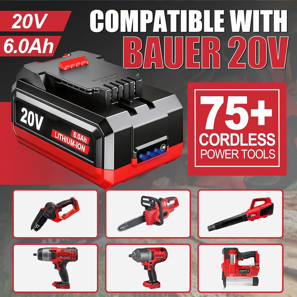 20V 6Ah Lithium-Ion Replacement Battery Pack for Bauer 20V Cordless Power Tools - 2 Pack