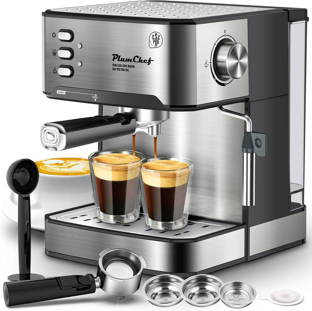 PlumChef Espresso Machine 20 Bar Professional Compact Homehold Coffee Espresso Maker with Milk Frother