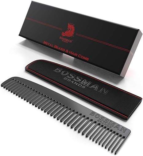 Bossman Metal Grooming Comb for Men - Mustache and Beard Styling Tool with Leather Pocket Case (Black)