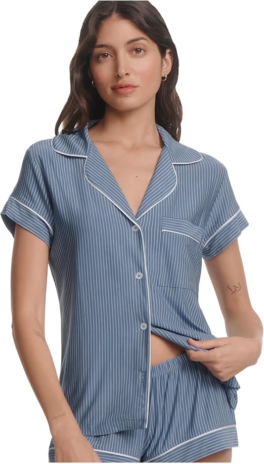 Eberjey Women's Gisele Tencel™ Modal Shortie Short Pj Set - Duo Stripe Slate Blue/Ivory - Small