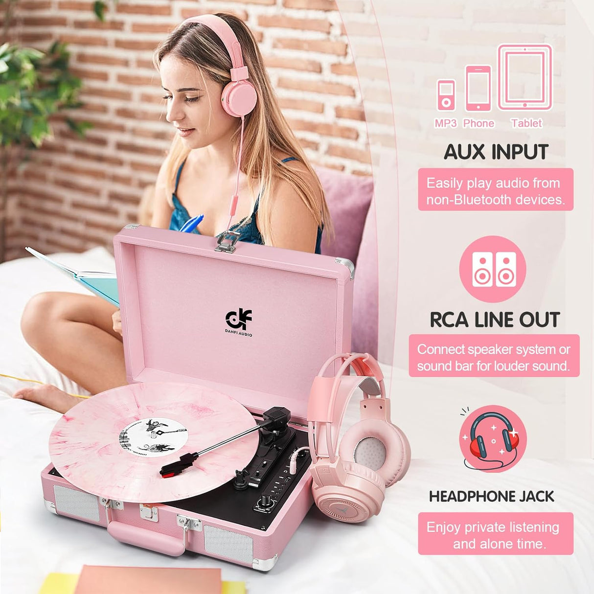 Danfi Audio Vintage Pink Suitcase Record Player - 3-Speed Turntable with Bluetooth, USB Recording, MP3 Converter, Speakers, Stylus 3098