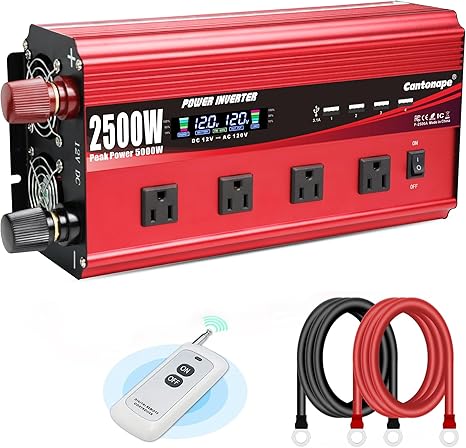 Cantonape 2500W Power Inverter 12V to 110V DC to AC with LCD Display, Remote Controller 4 x AC Outlets and 4 x 3.1A USB Car Adapter for Car Truck Boat RV Solar System (New Open Box)