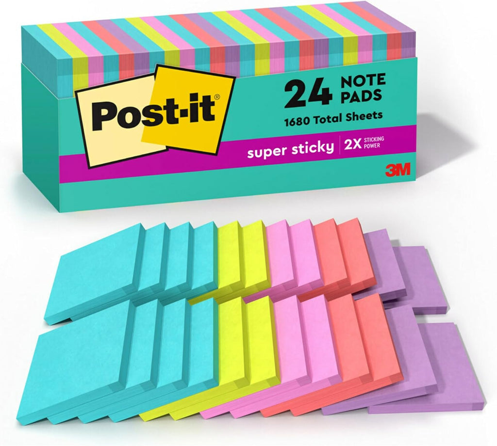 Post-it Super Sticky Notes, 24 Sticky Note Pads, 3 x 3 in, Supernova Neons Collection
