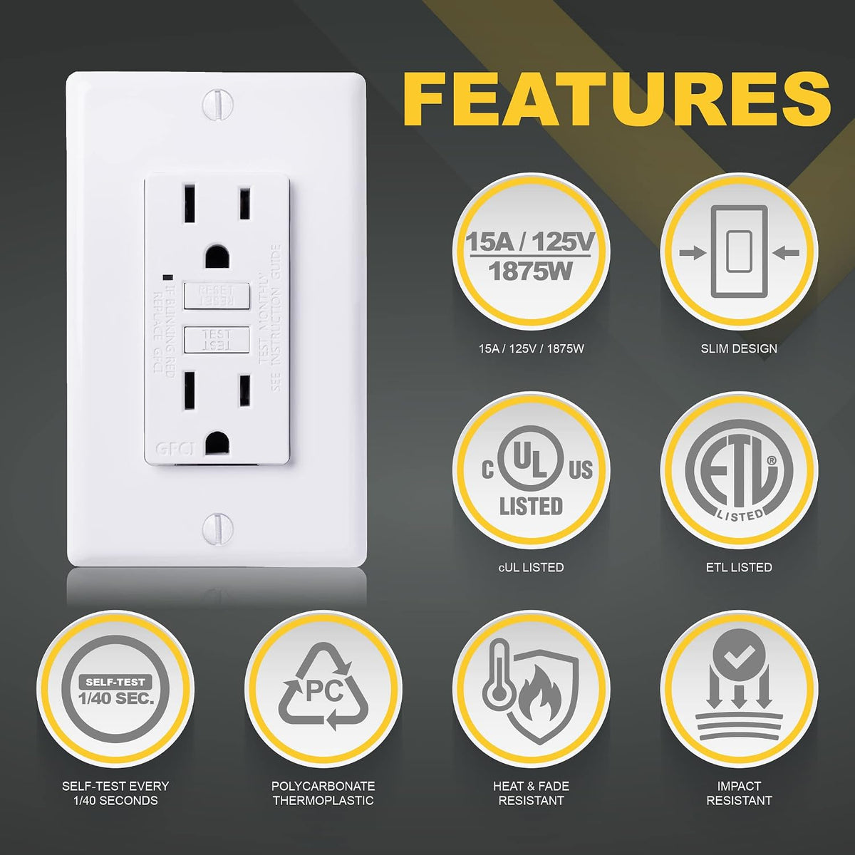 Faith [10-Pack] 15A GFCI Outlets, ETL Listed, Non-Tamper-Resistant GFI Duplex Receptacles with LED Indicator, Self-Test Ground Fault Circuit Interrupter with Wall Plate, White, 10 Piece