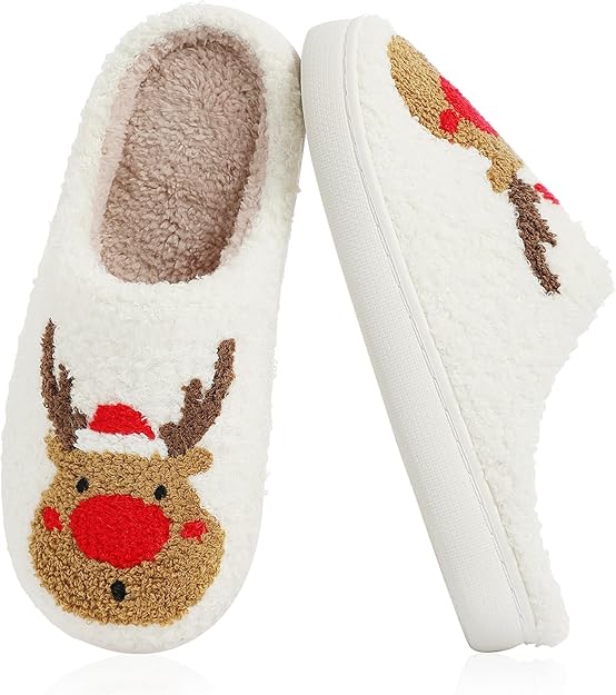 Menore Christmas Reindeer Slippers for Women's/Men's Plush Warm Size: 7M/8W