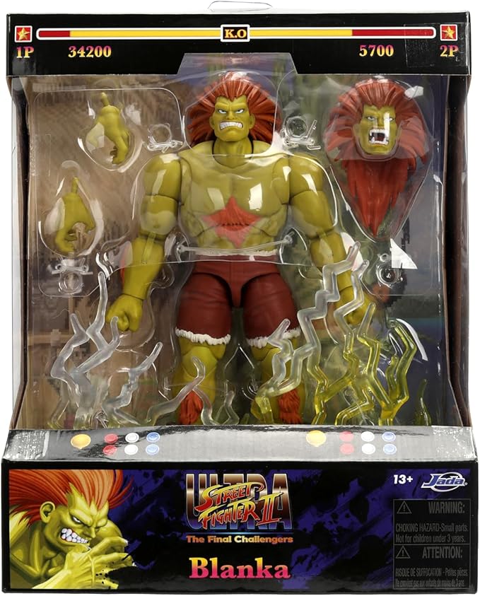 Jada Street Fighter II Blanka Deluxe Action Figure - 1:12 Scale, Highly Articulated, Interchangeable Hands & Head, Electric Thunder Accessory - 7" Tall, Video Game Collectible