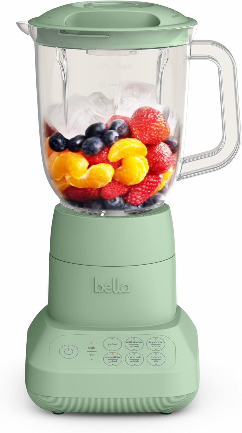 bella 10 Speed Countertop Blender, Juicer & Smoothie Maker, Fits-anywhere, Kitchenware, Slim Flip & Store Design, Dishwasher Safe 48oz Capacity Pitcher & Lid, Stainless Steel Blade, 450 Watt, Seaglass