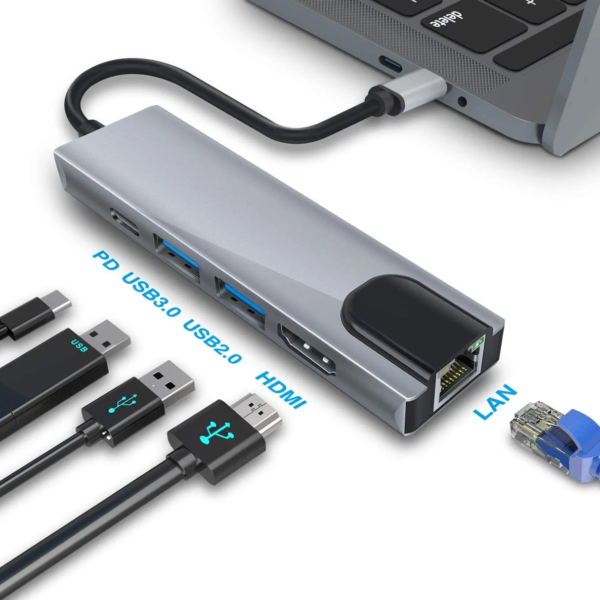 USB Hub 5 in 1 type-c Converter Adapter USB LAN Port Ethernet 4k Resolution hdmi USB 3.0 Ports x 2 High Speed Data Transfer Type C Fast PD Charging Compatible with USB C Devices Including PS4 MacBook Windows | BYL-2007