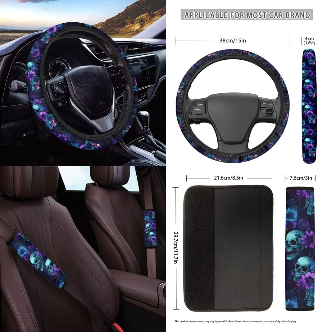Baxinh Skull Floral Print 15pc Car Accessories-Blue/Skull Floral