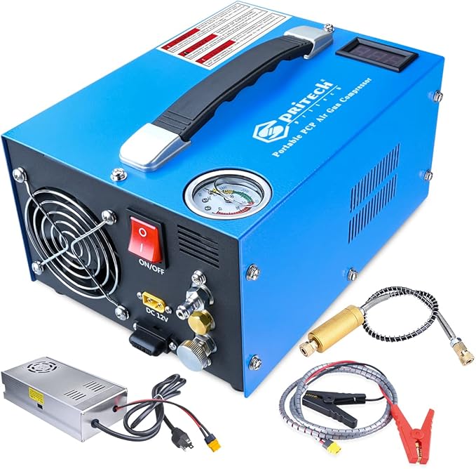 PCP Air Compressor, Portable 4500Psi/30Mpa, Water/Oil-Free, PCP Rifle/Pistol and Paintball Tank Air Pump, Powered by 12V Car DC or Home 110V AC with Power Converter and Oil-Moisture Filter