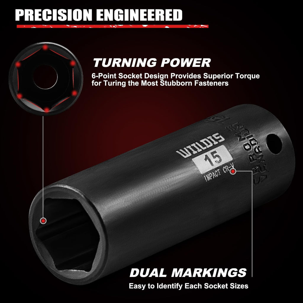 WIILDIS 21 Pieces 3/8" Drive Deep Impact Socket Set