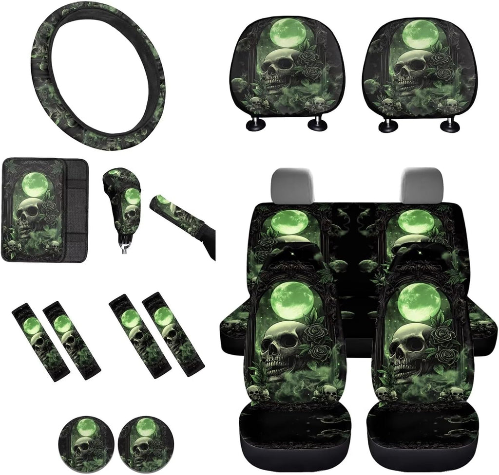Baxinh Skull Rose Print Car Seat Cover Full Set 16 Pc-Green/Skull Rose
