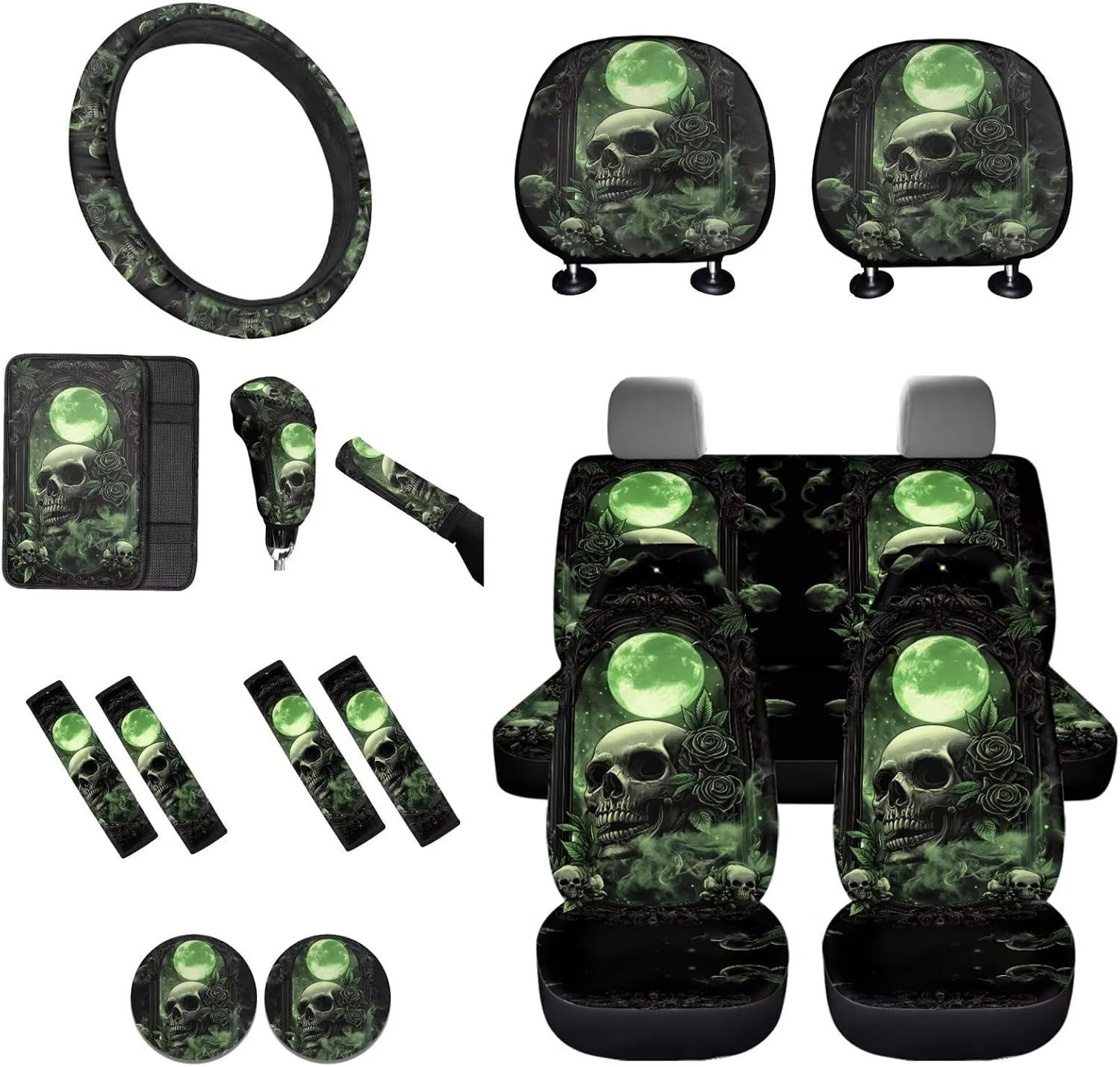 Baxinh Skull Rose Print Car Seat Cover Full Set 16 Pc-Green/Skull Rose