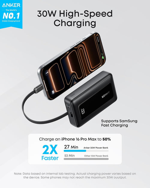 Anker Portable Charger, 10,000mAh 30W Power Bank, USB-C in and Out Fast Charging Battery Pack, Travel Essential Phone Power Bank, for iPhone 17/16, Galaxy and More (Black, 10000.00, Milliamp Hours)