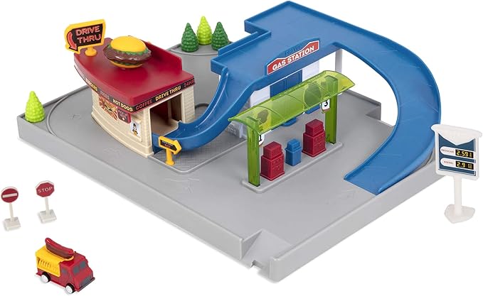 Driven by Battat – Gas Station & Drive-Thru Restaurant Playset – Toy Car Accessories for Kids – 5-Piece Set with Toy Food Truck – Toy Car Playset – 3 Years + – Pocket Dine & Drive Pit Stop (5pc)