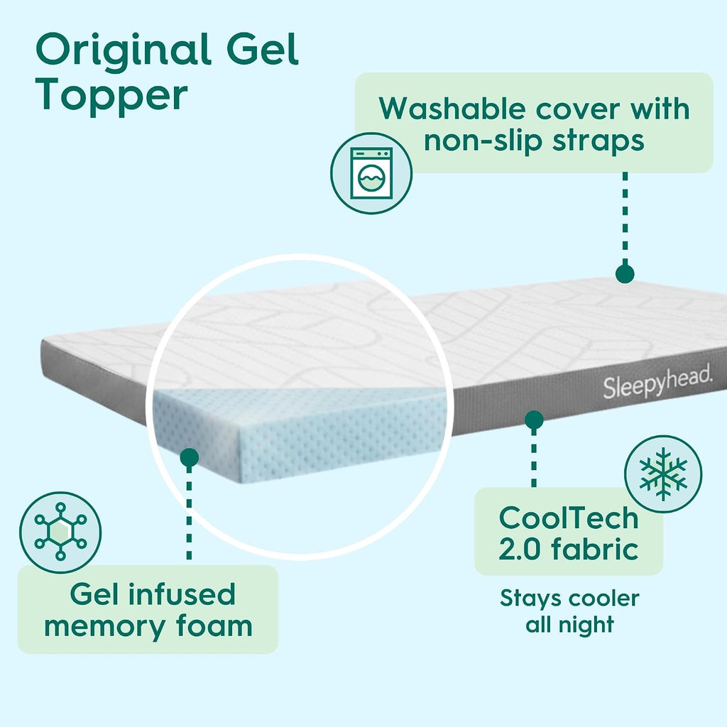 Sleepyhead Twin XL Mattress Topper 2 Inch for College Dorm, Cooling Gel Memory Foam, Pressure Relief, Removable Washable Cover, CertiPUR-US Certified (XL Twin 2")