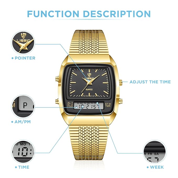 Liebig Stainless Steel Men's Sport Quartz Watch - Black Dial/Gold Band - Model L1030