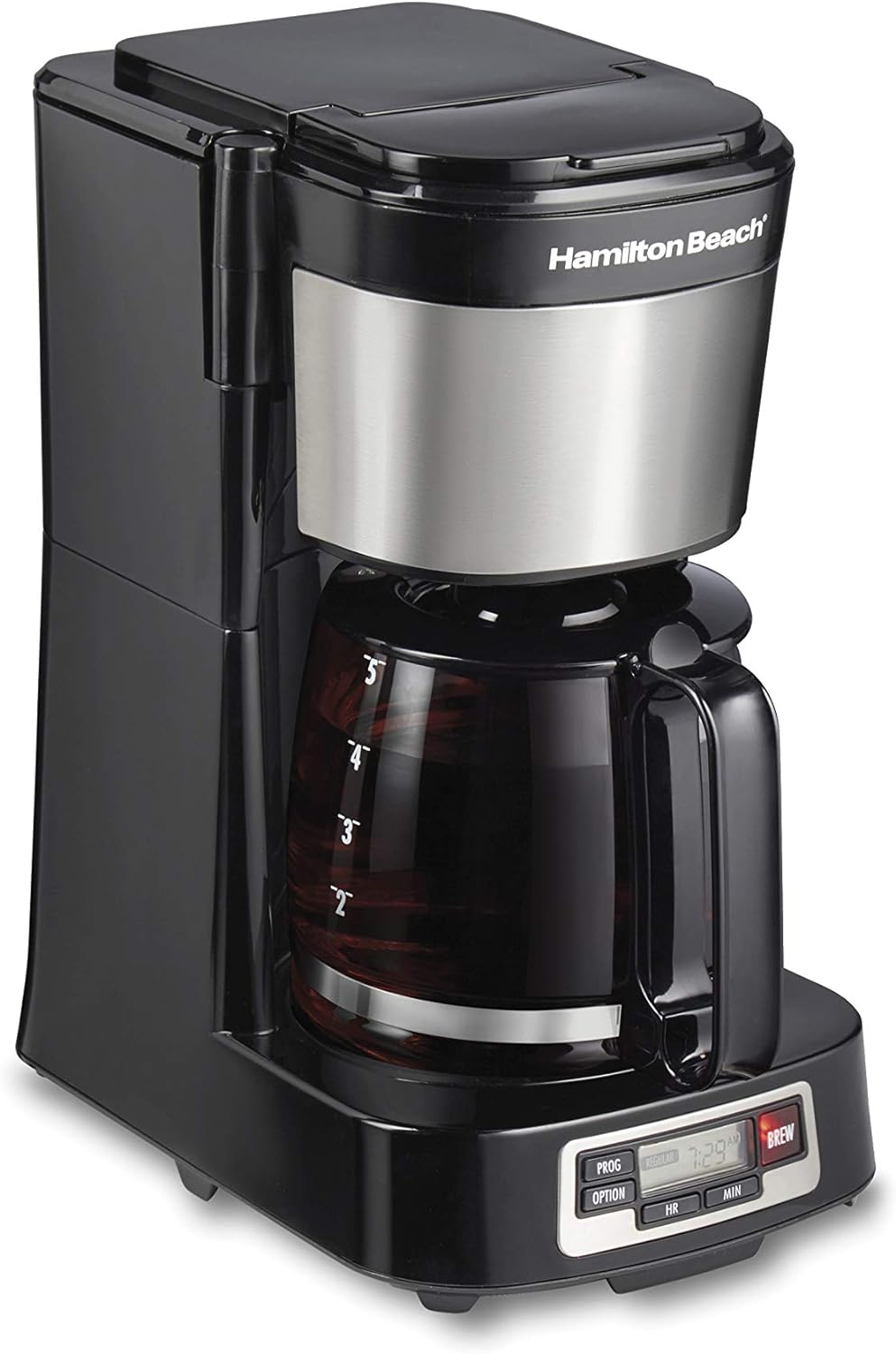 Hamilton Beach 5 Cup Compact Drip Coffee Maker with Programmable Clock, Glass Carafe, Auto Pause and Pour, Black & Stainless Steel (46111) (NEW, OPEN BOX)