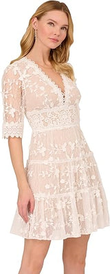 Adrianna Papell Lace Embroidery Dress - Ivory/Nude - Size 14