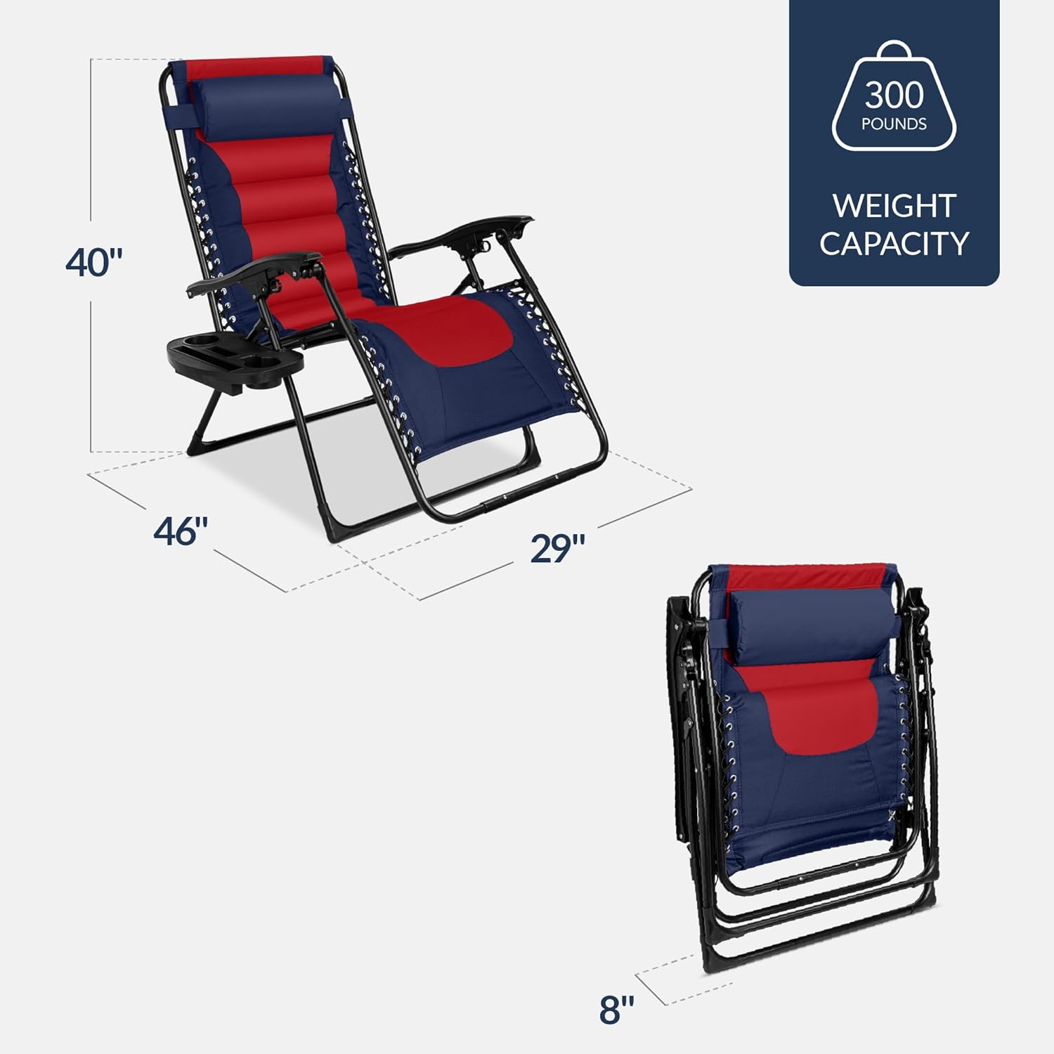 Best Choice Products - Oversized Padded Zero Gravity Chair, Folding Recliner w/ Headrest, Side Tray - Navy/Red