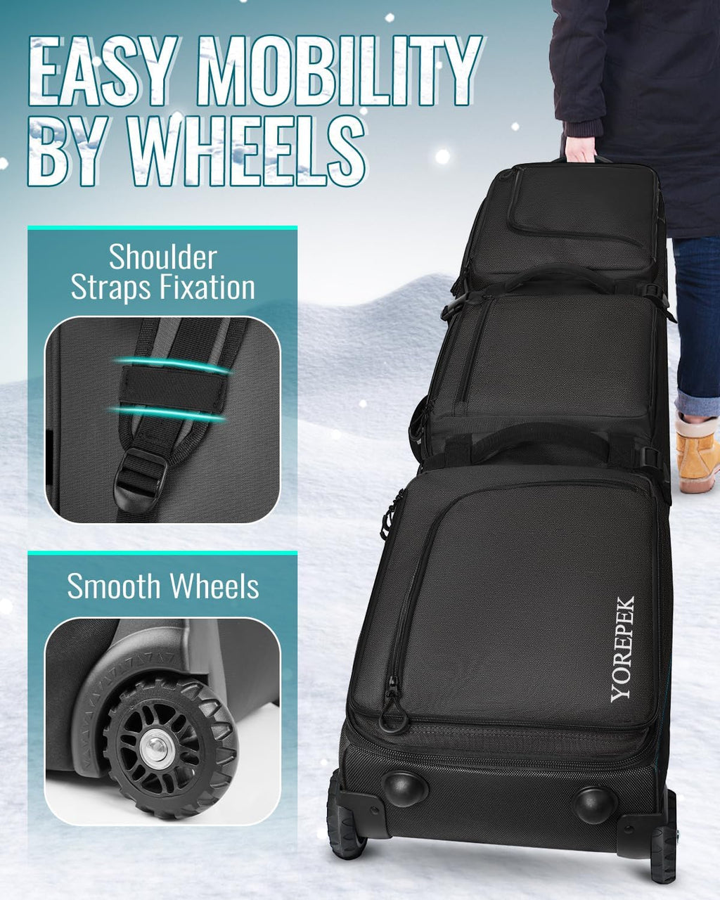 YOREPEK Padded Snowboard Bag with Wheels, Extendable Ski Bags for Air Travel Length up to 175cm,Snowboard Backpack with 6 Pockets for Ski Boots(up to US Size 13), Helmet, Accessories