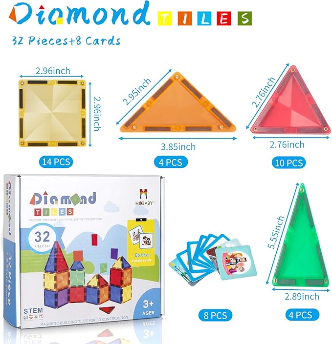 CONNOO Hobaby 40 Piece Diamond Tiles Durable 3D Magnetic Tiles Educational STEM Toys for Kids Toddlers Children Ages 3+