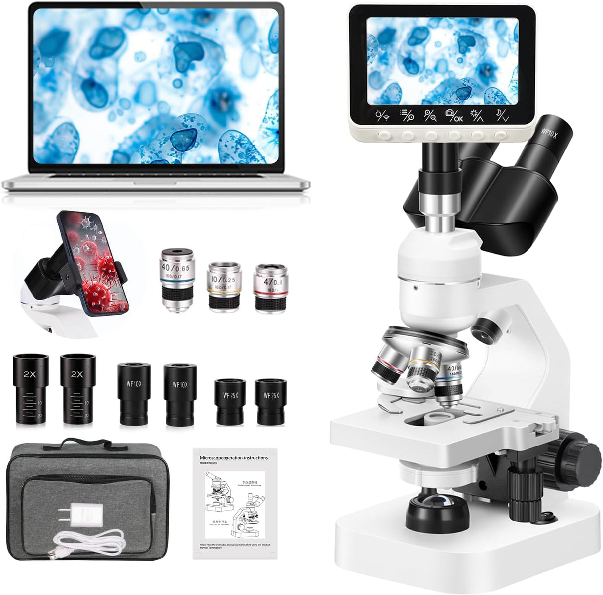 Trinocular Microscope 40x-2000x Magnification Double-Layer Stage with LED Lights on top and Bottom