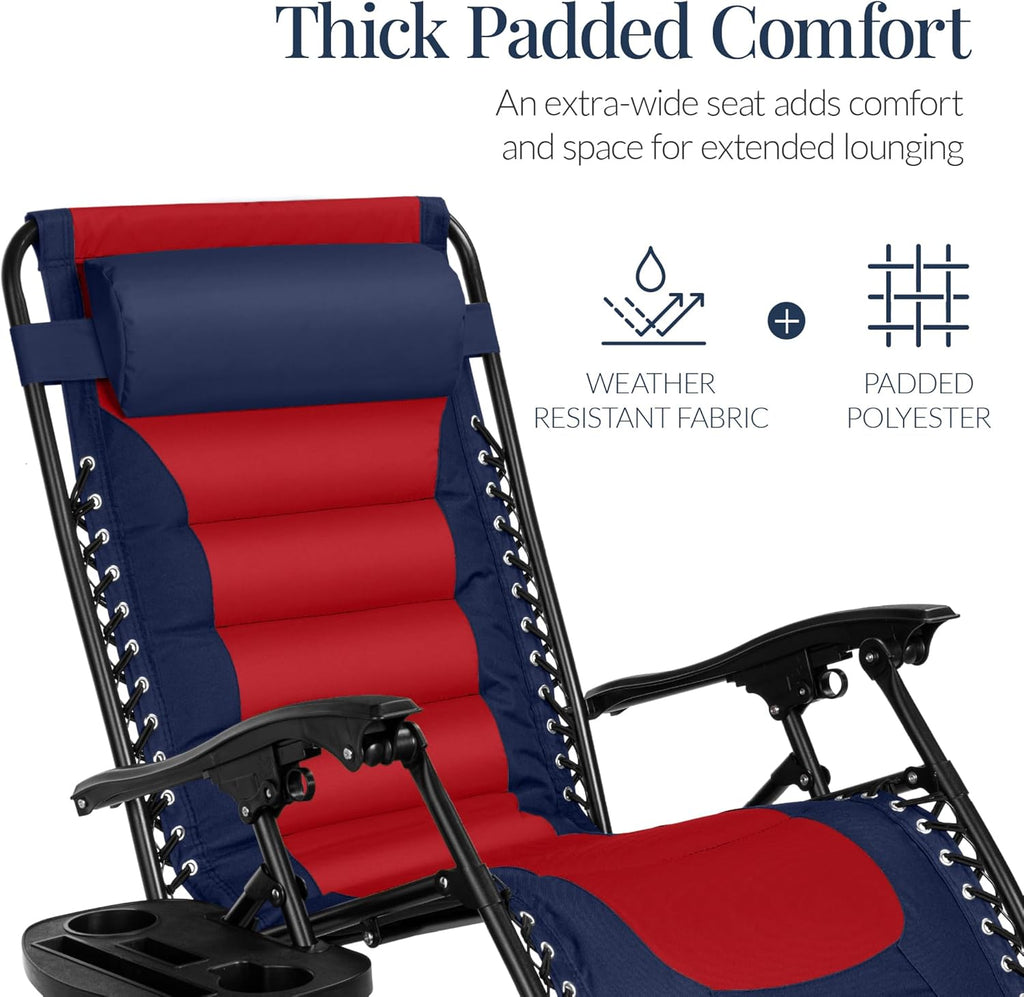 Best Choice Products - Oversized Padded Zero Gravity Chair, Folding Recliner w/ Headrest, Side Tray - Navy/Red