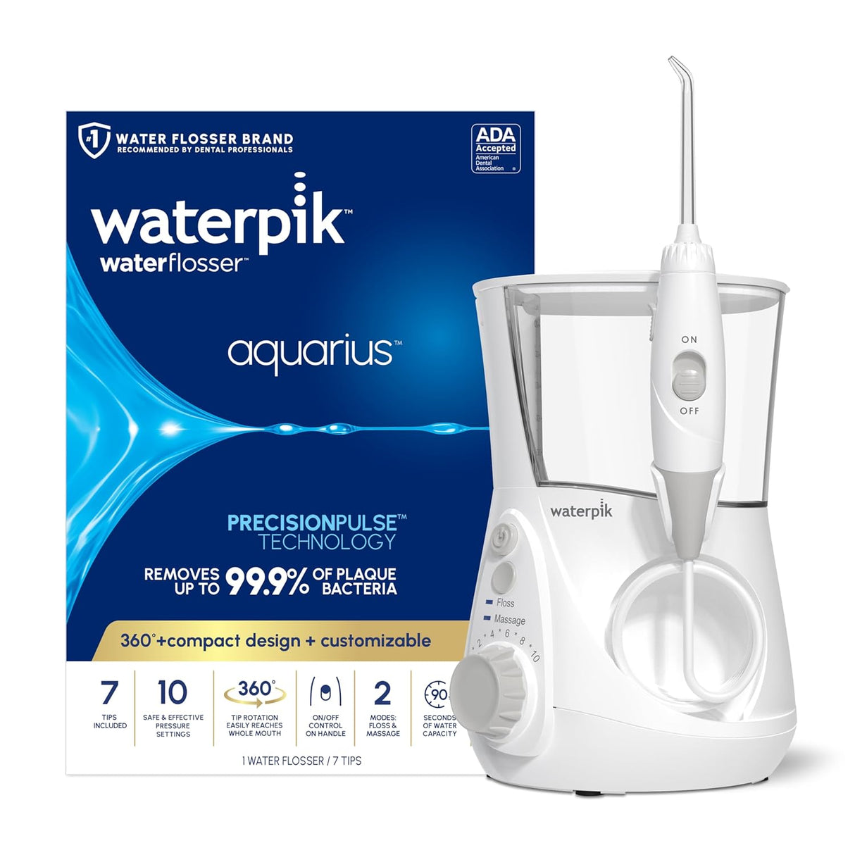 Waterpik Aquarius Water Flosser Professional For Teeth, Gums, Braces, Dental Care, Electric Power With 10 Settings, 7 Tips For Multiple Users And Needs, ADA Accepted, White WP-660, Packaging May Vary (NEW, OPEN BOX)