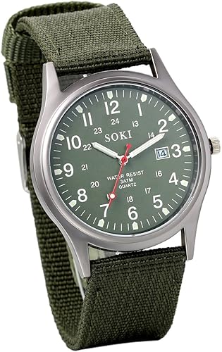 JewelryWe Men's Military Green Dial Nylon Strap Quartz Calendar Wristwatch Night Vision Luminous Wristwatch, (OPEN BOX)