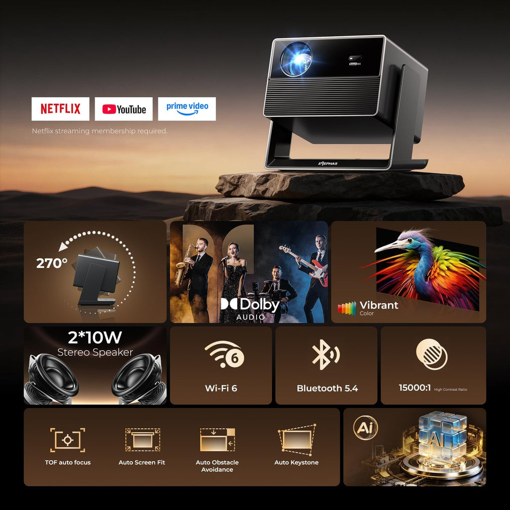 ELEPHAS Smart 4K Projector with WiFi and Bluetooth for Indoor Outdoor