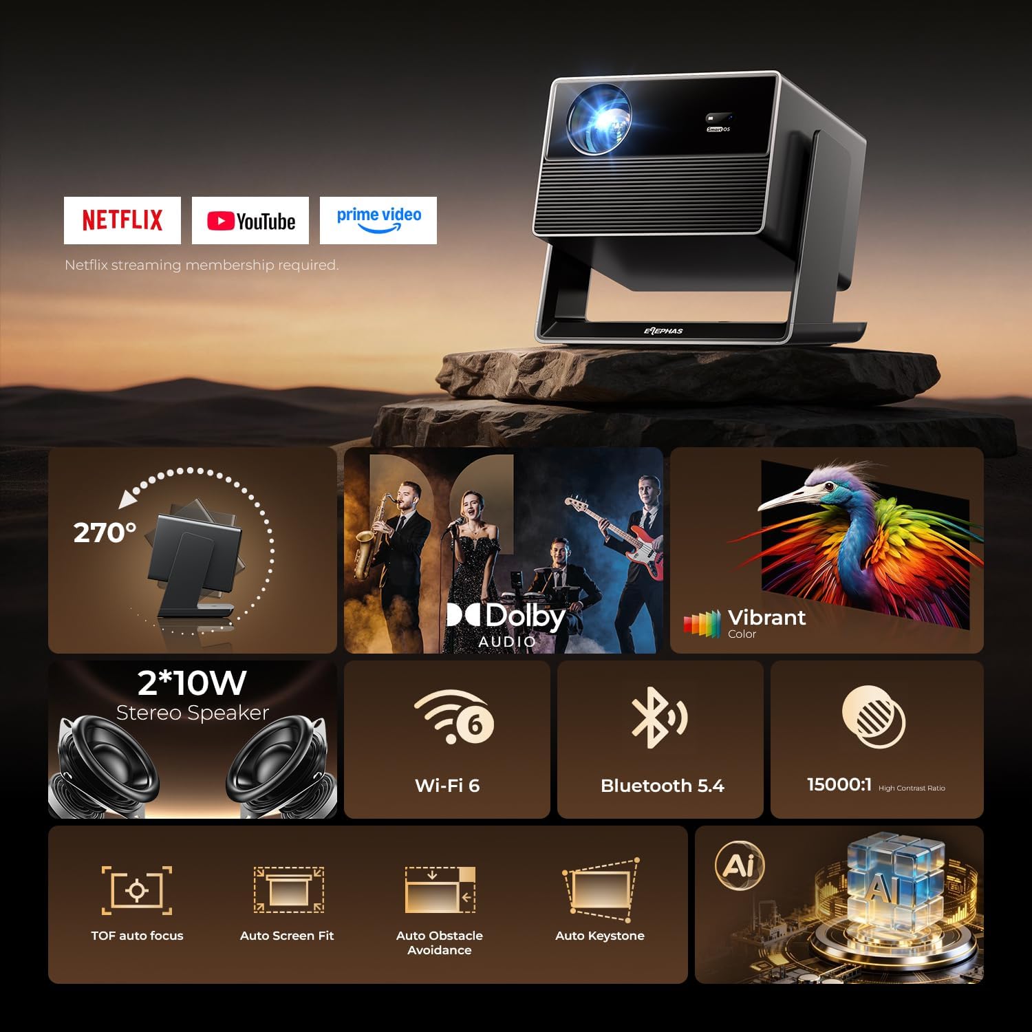 ELEPHAS Smart 4K Projector with WiFi and Bluetooth for Indoor Outdoor