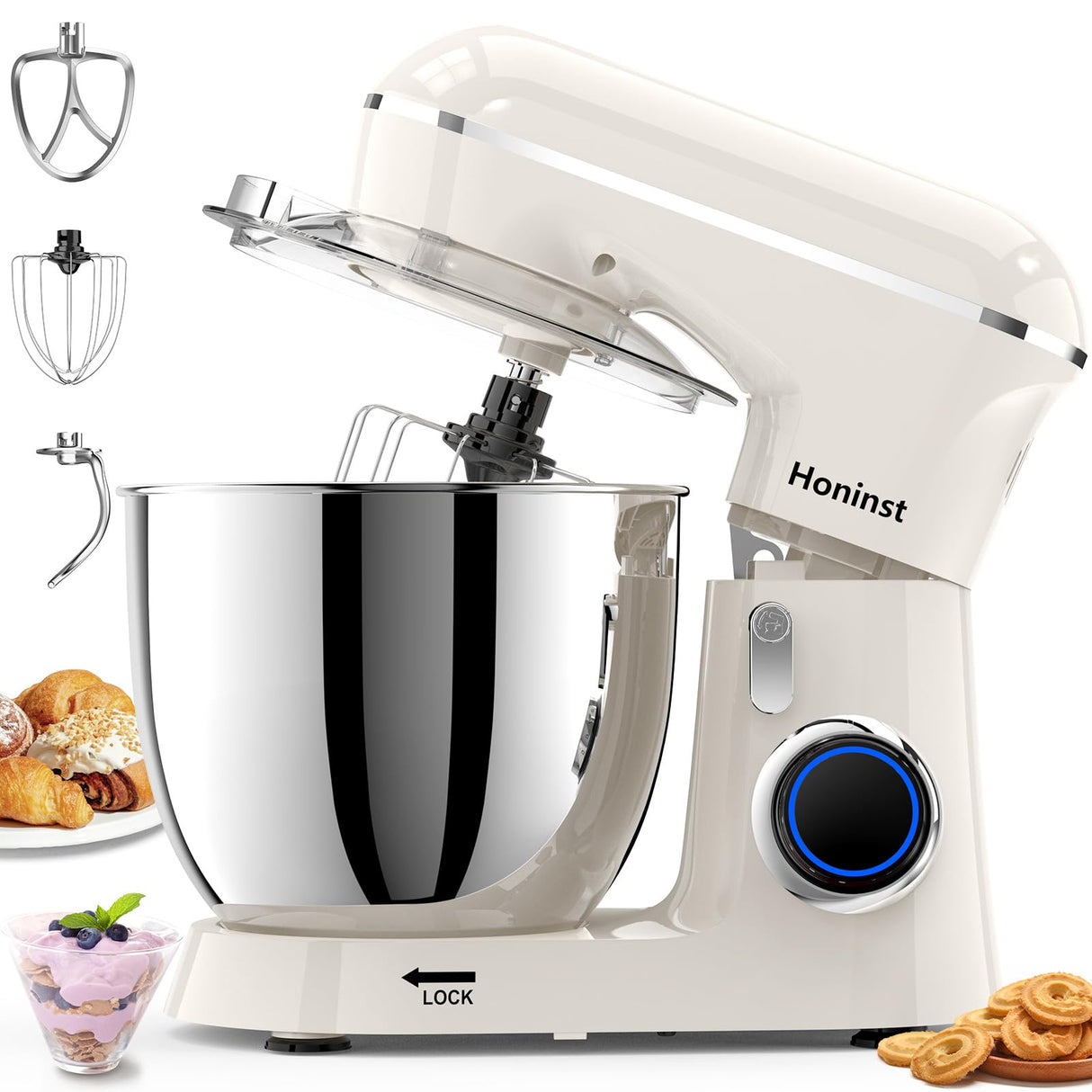 Stand Mixer, 6.5QT 10-Speed Tilt-Head Electric Stand Mixer, 3-In-1 Kitchen Mixer with Bowl, Dough Hook, Whisk and Beater, Food Mixer for Baking, Cake and Most Home Cooks, (Color: Almond Cream)