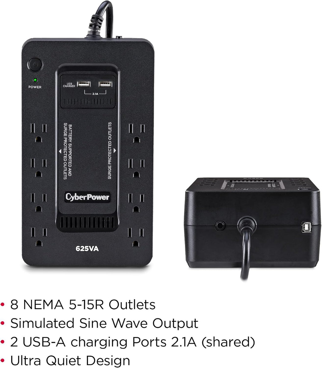 CyberPower ST625U Standby UPS Battery Backup and Surge Protector, 625VA/360W, 8 Outlets, 2 USB Charging Ports, Compact, UL Certified