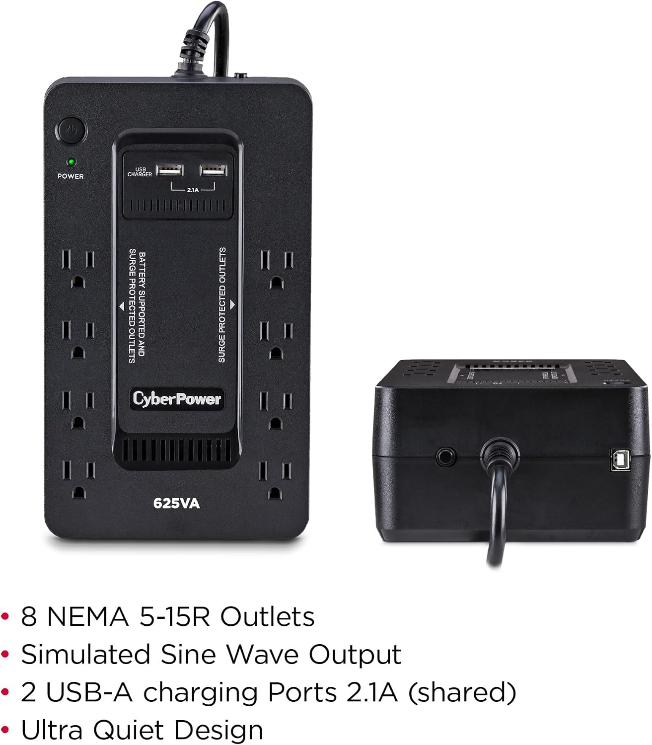 CyberPower ST625U Standby UPS Battery Backup and Surge Protector, 625VA/360W, 8 Outlets, 2 USB Charging Ports, Compact, UL Certified