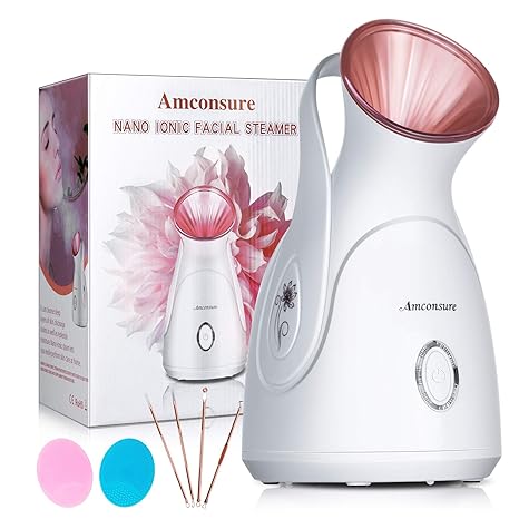 Facial Steamer, Amconsure Nano Ionic Face Steamer for Home, 100ML Warm Mist Humidifier for Women Moisturizing, Unclogs Pores-Bonus Stainless Steel Skin Kit and 2 Face Scrubbers