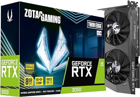 ZOTAC Gaming GeForce RTX 3050 Twin Edge OC 8GB GDDR6 128-bit 14 Gbps PCIE 4.0 Gaming Graphics Card, IceStorm 2.0 Advanced Cooling, Freeze Fan Stop, Active Fan Control, ZT-A30500H-10M