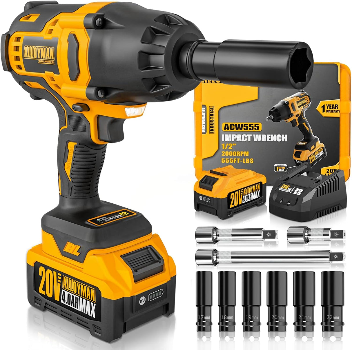 Alloyman 1/2- inch Cordless Impact Wrench, (750 N.m) 555 Ft-lbs. Hight Torque Electric Impact