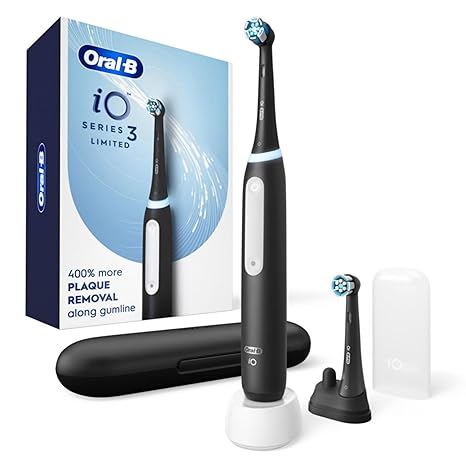 *Oral-B iO Deep Clean Rechargeable Electric Powered Toothbrush, Black with iO Series 3 Limited, 2 Brush Heads and Travel Case - Pressure Sensor to Protect Gums - 3 Cleaning Settings - 2 Minute Timer